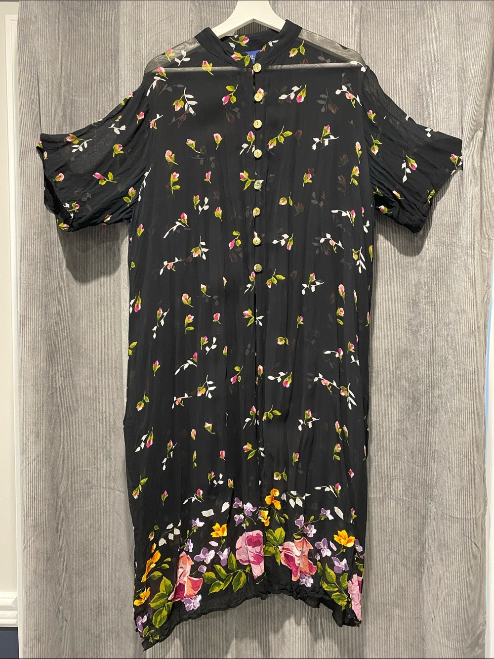 Black Floral Button-Front Dress/Beach Cover Up